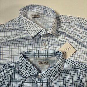 NEW LOT OF 2 Collars & Co. Polo Shirt Medium Blue White Grid Check Stretch